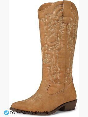 Women's Cowgirl Boots Mid Calf Embroidered Pointed Toe Chunky Heel Pull On
